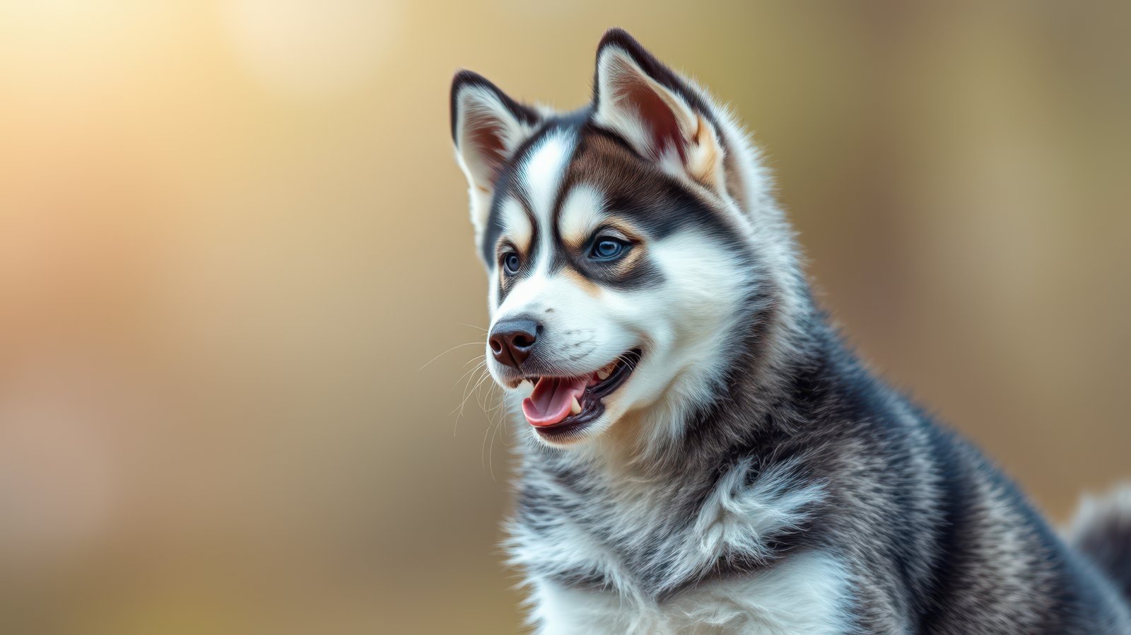 Happy husky puppy sitting outdoors in the sunlight during a warm afternoon